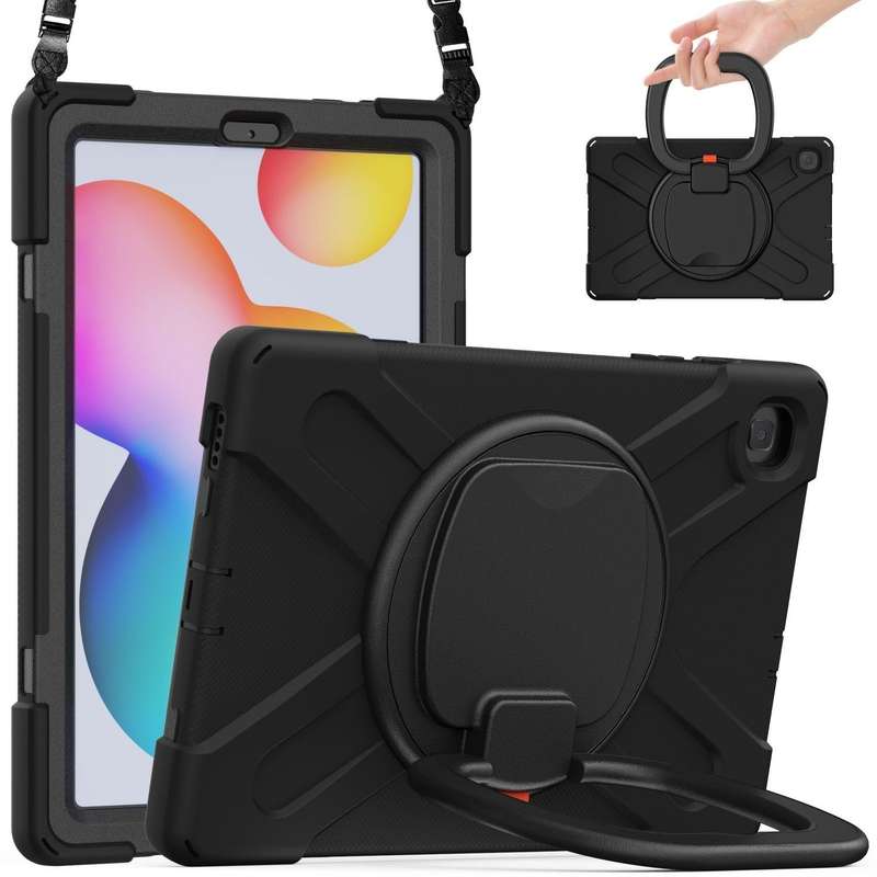 For Samsung Galaxy Tab S6 Lite P610 Silicone + PC Protective Case with Holder & Shoulder Strap(Bl...
