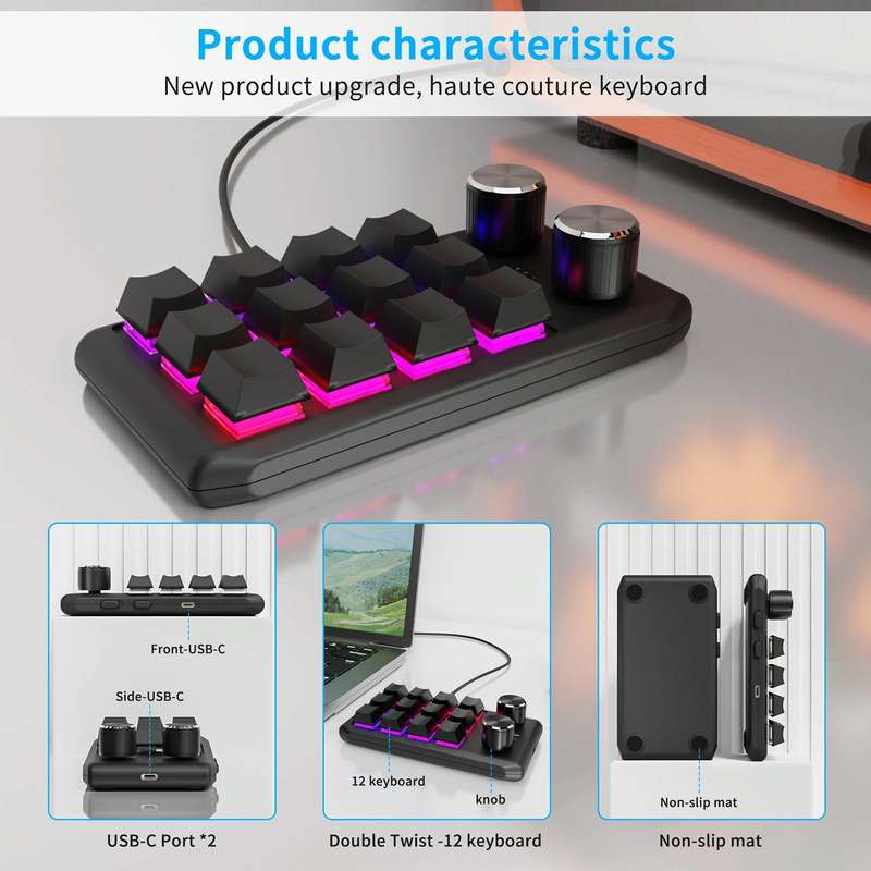 USB Wired 12KV2 MOLD Mini Mechanical 12 Keys 2 Knob Custom Programming Keyboard(Black)