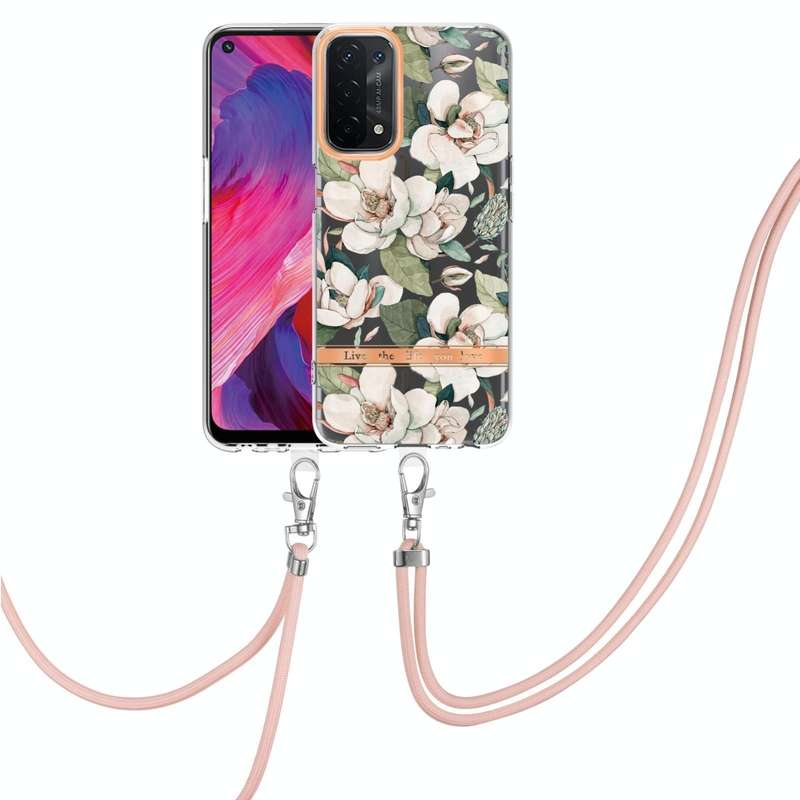 For OPPO A74 5G / A93 5G / A54 5G / A93S 5G Flowers Series TPU Phone Case with Lanyard(Green Gard...