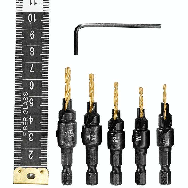 5 PCS/Set Countersink Woodworking Drill Bit Set Hexagon Screw Hardware Tool(Silver)