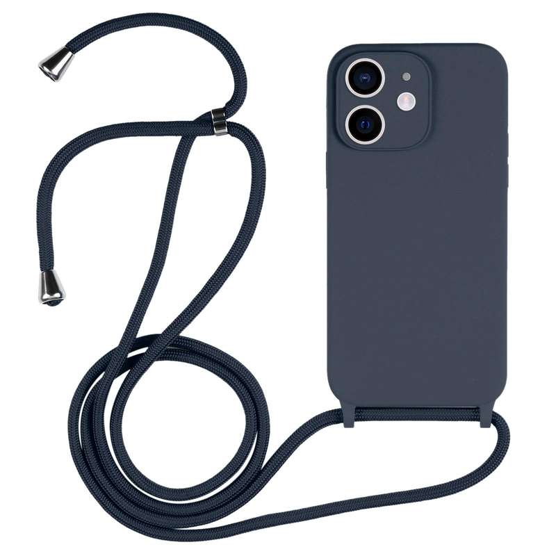 For iPhone 12 Crossbody Lanyard Liquid Silicone Case(Midnight Blue)