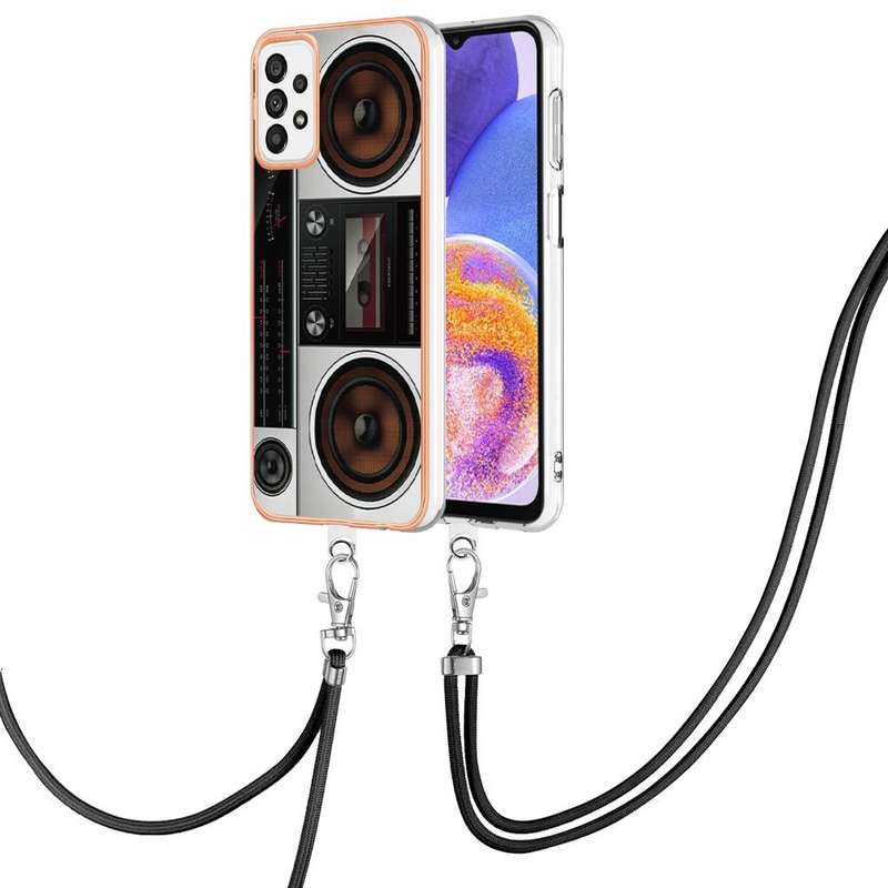 For Samsung Galaxy A73 5G Electroplating Dual-side IMD Phone Case with Lanyard(Retro Radio)