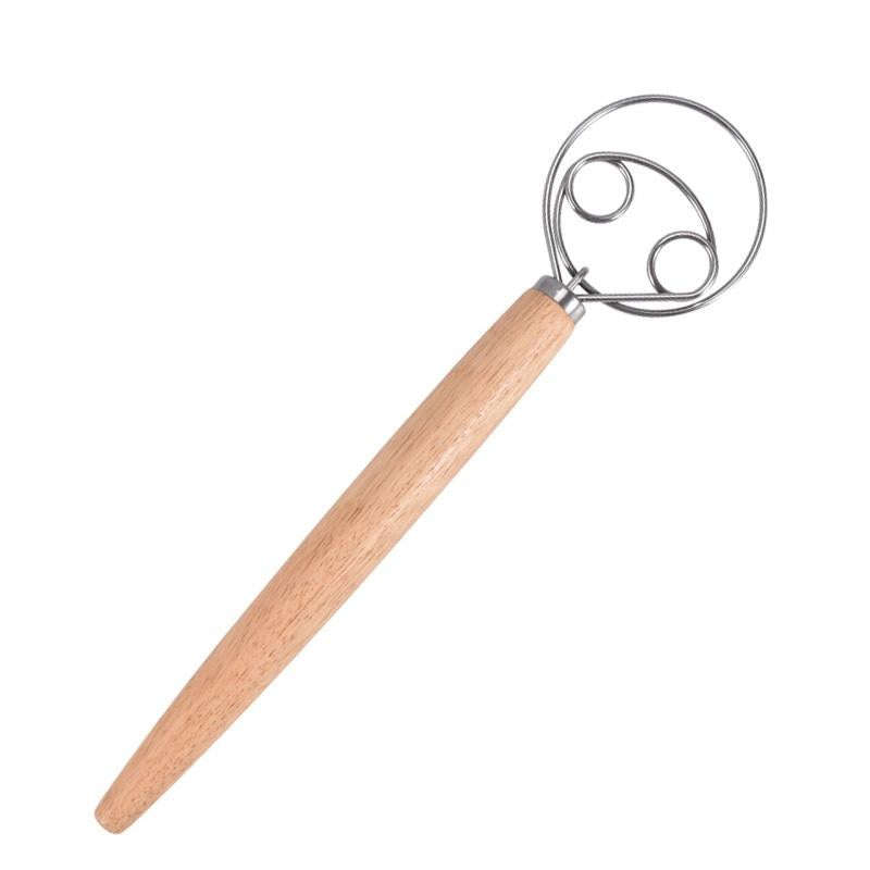 2 PCS 13 Inch Oak Handle Flour Mixer Dough Stainless Steel Mixing Rod Coil Whisk Double Circle Ag...