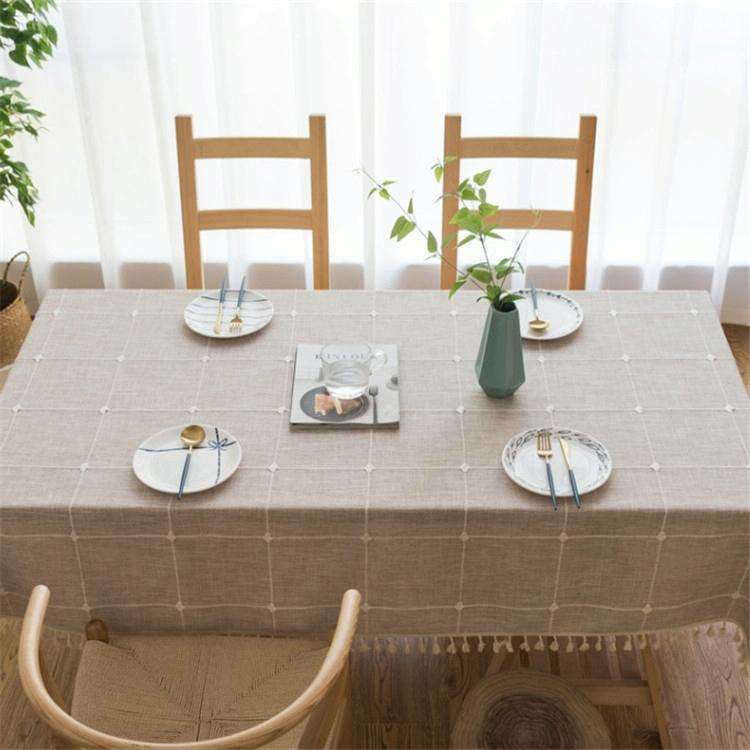 Square Lattice Embroidered Tablecloth Pure Color Cotton Linen Tassel Rectangular Coffee Table Mat...
