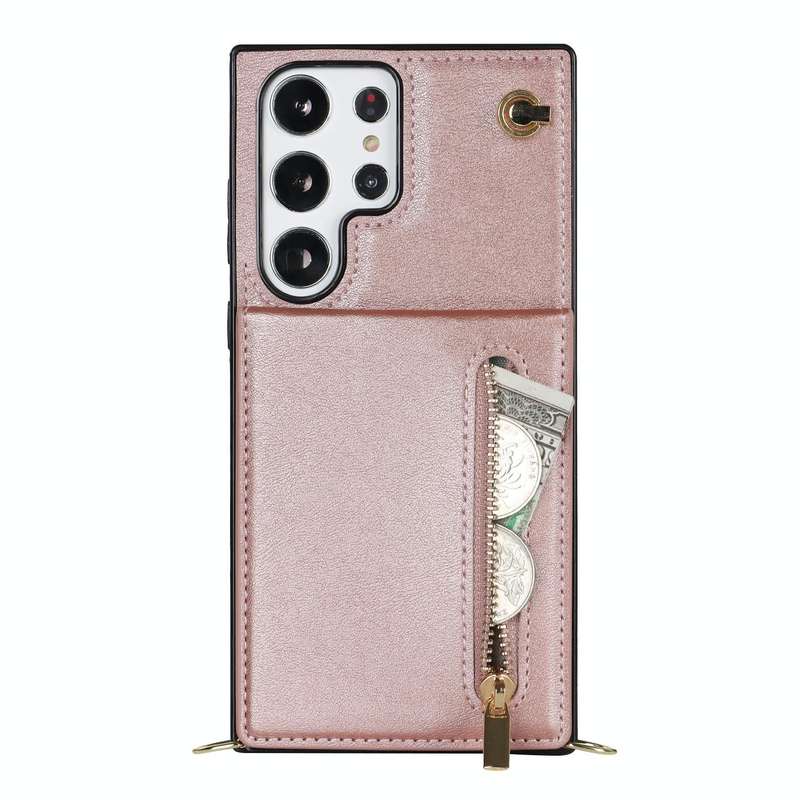 For Samsung Galaxy S23 Ultra 5G Cross-body Zipper Square TPU+PU Back Cover Case(Rose Gold)
