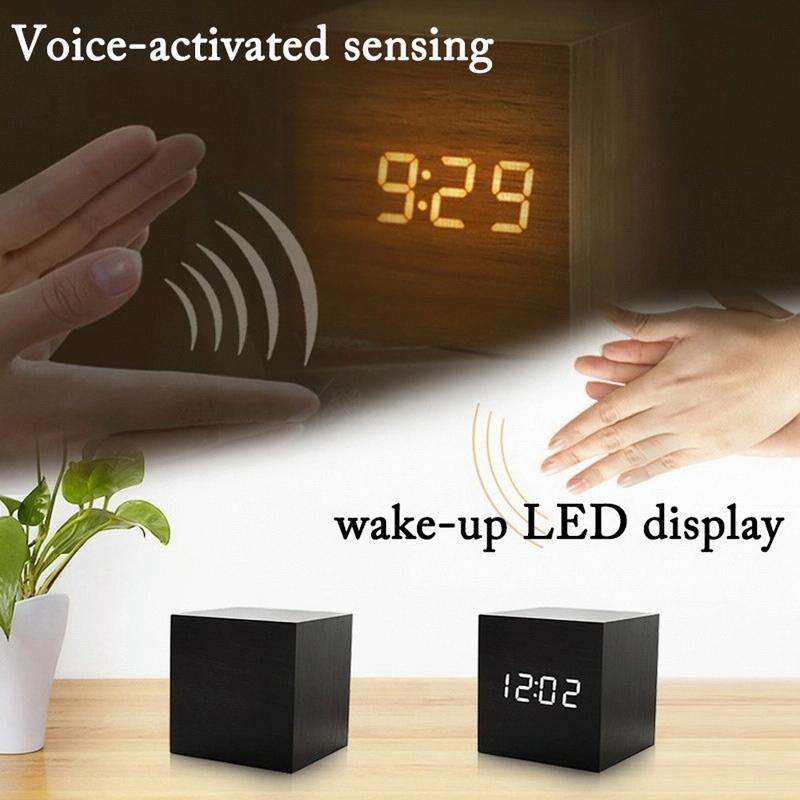 Multicolor Sounds Control Wooden Clock Modern Digital LED Desk Alarm Clock Thermometer Timer Whit...