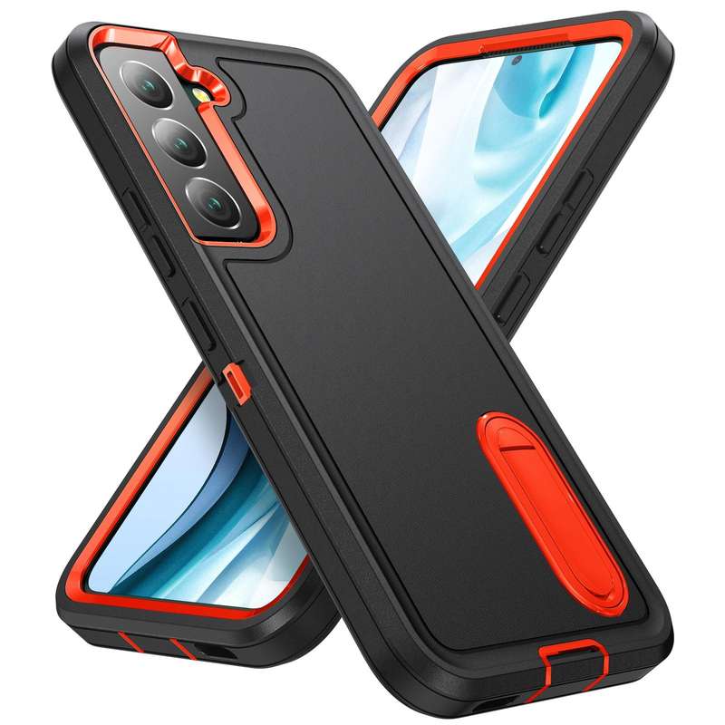 For Samsung Galaxy S22 5G 3 in 1 Rugged Holder Phone Case(Black+Orange)