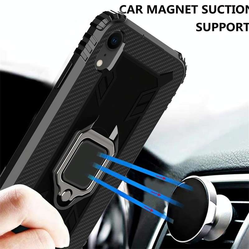 For iPhone X / XS Carbon Fiber Protective Case with 360 Degree Rotating Ring Holder(Black)