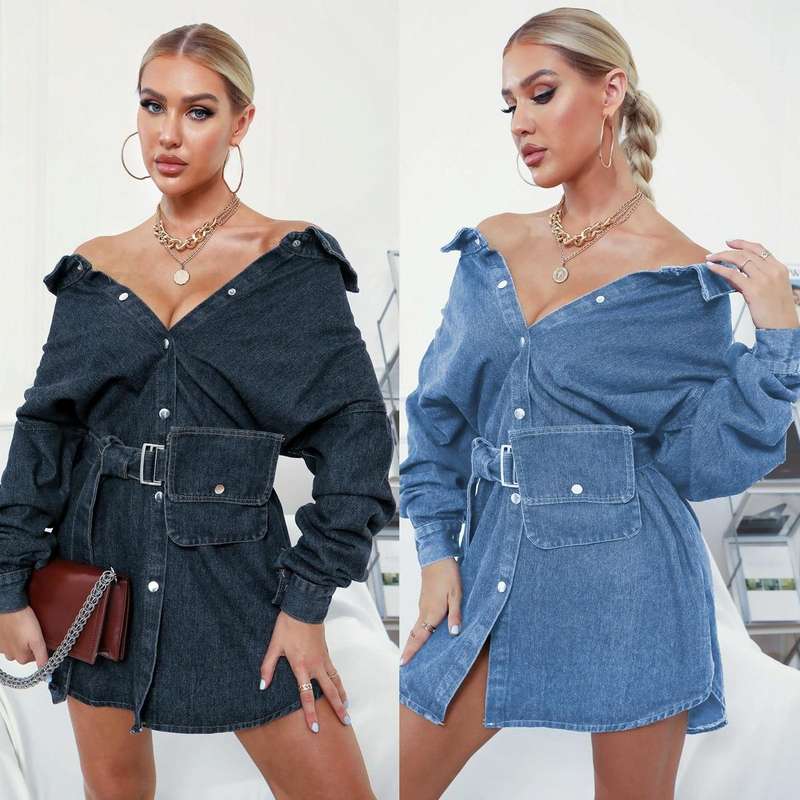 Women Neckline Retro Bag Denim Skirt (Color:Blue Size:Free Size)