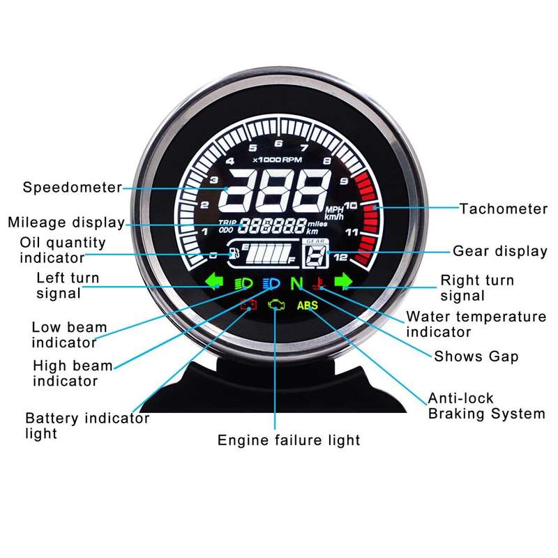 Universal Motorcycle Modified Multi-functional LED Digital Meter Indicator Light Tachometer Odome...