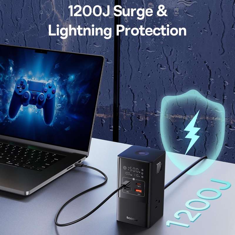 Baseus PowerCombo Tower Power Strip 3xAC+2xType-C+2xUSB 100W with 1.5 Power Cord, JP Plug(Black)