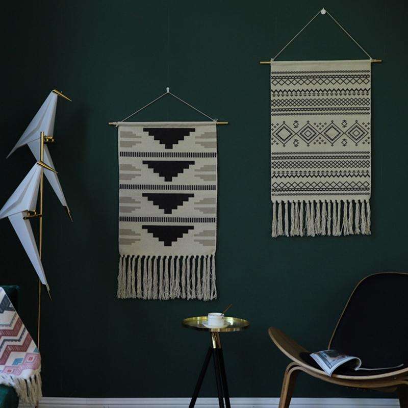 GT001 Printed Tapestry Cotton Thread Woven Tassel Wall Hanging Decoration, Size: 50x70cm(Black Cube)