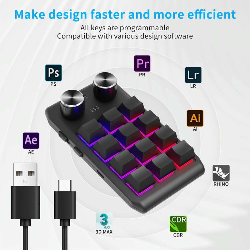 USB Wired 12KV2 MOLD Mini Mechanical 12 Keys 2 Knob Custom Programming Keyboard(Black)