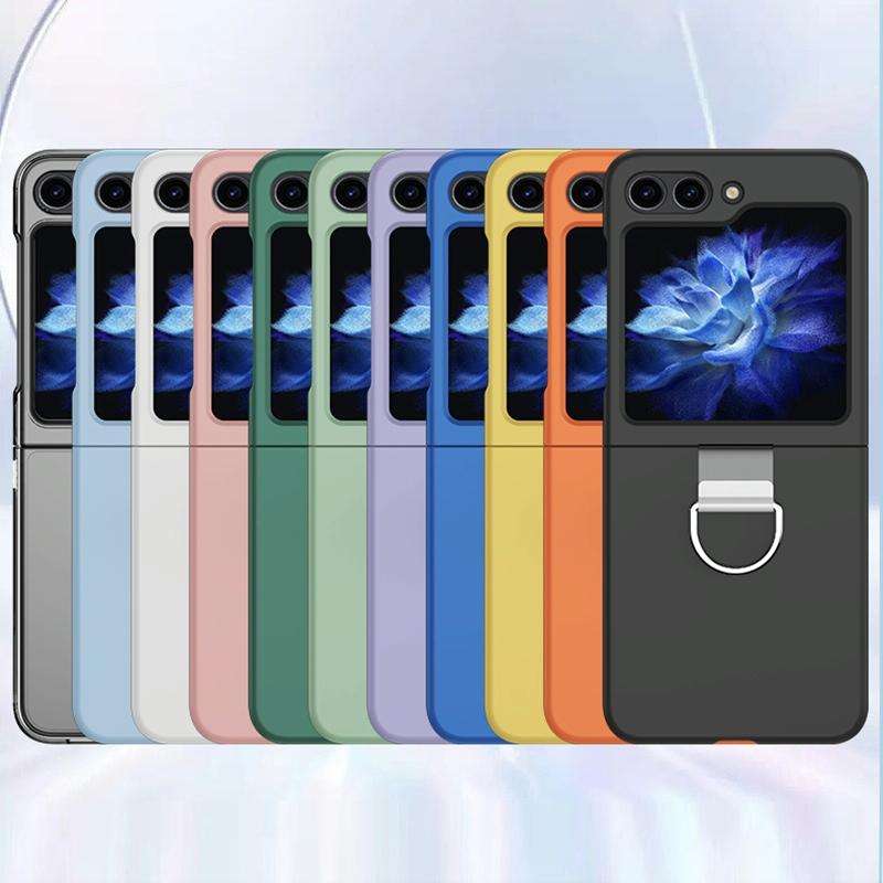 For Samsung Galaxy Z Flip5 Skin Feel Silicone Foldable Phone Case with Ring(Light Green)