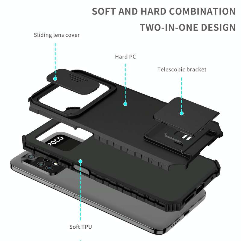 For Xiaomi Poco M4 Pro 4G Stereoscopic Holder Sliding Camshield Phone Case(Black)