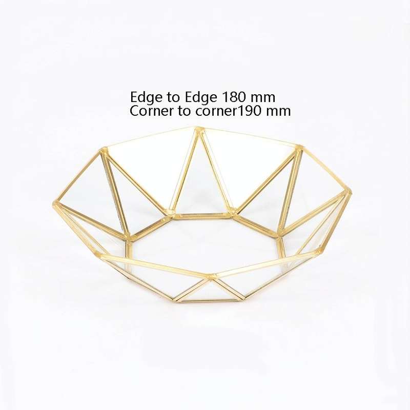 Glass Storage Tray Golden Retro Polygon Mirror Tray Brass Desktop Cosmetics Storage Tray Octagona...
