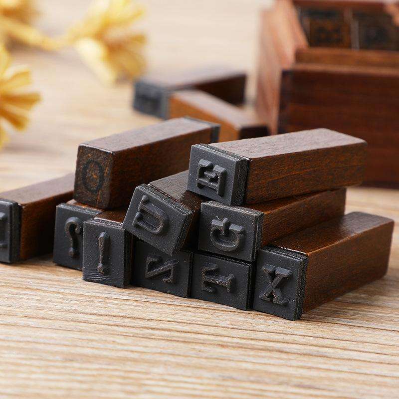E13 28PCS/Set Vintage Wooden Alphabet and Number Diary Handbook DIY Stamps(Regular Lowercase)