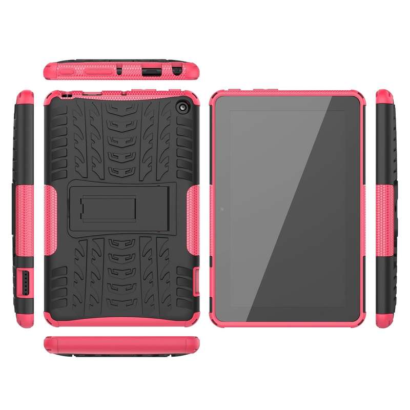 For Amazon Kindle Fire 7 2022 Tire Texture TPU + PC Tablet Case with Holder(Pink)