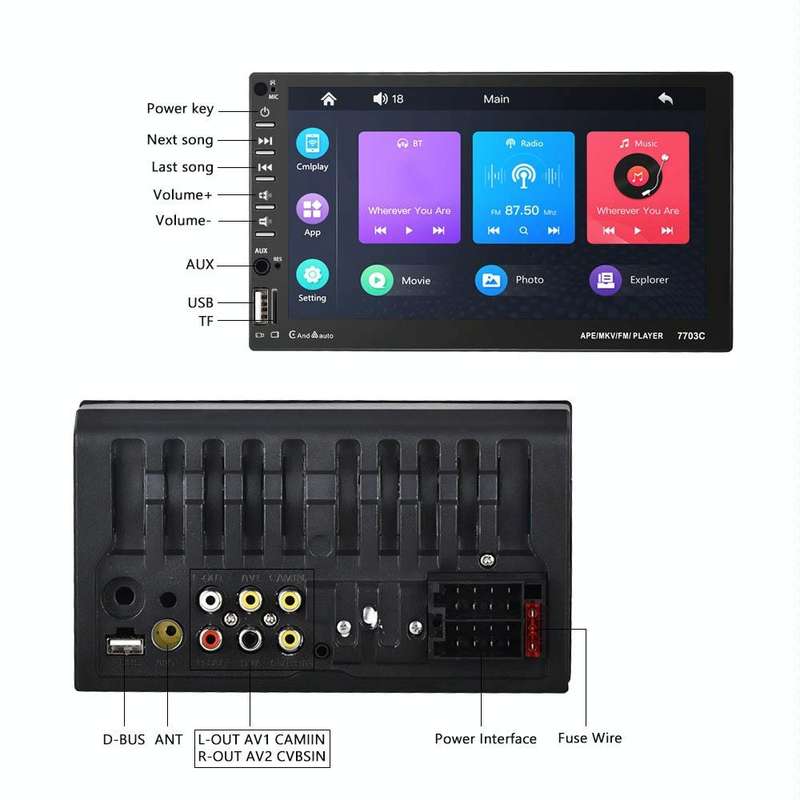 7703C 7 inch Car Double Butt Universal MP5 Bluetooth Player, Style: Standard+12 Light Camera
