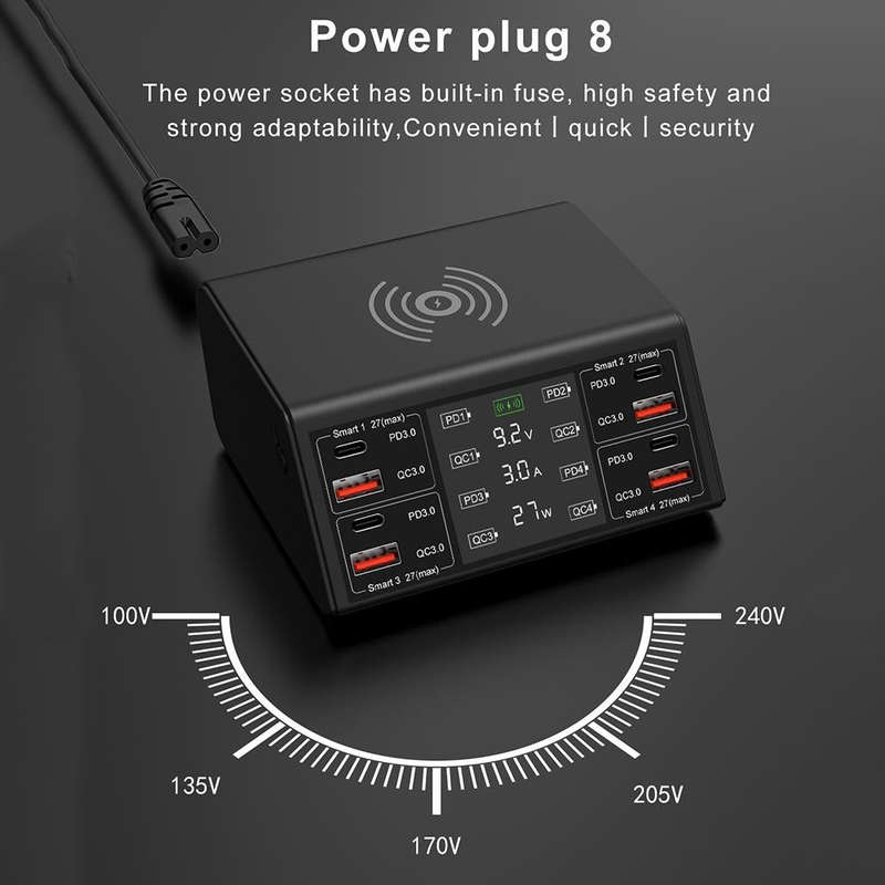 838w 9 in 1 100W 4 PD 3.0 USB-C / Type-C + 4 QC 3.0 USB Ports Smart Digital Display Wireless Char...
