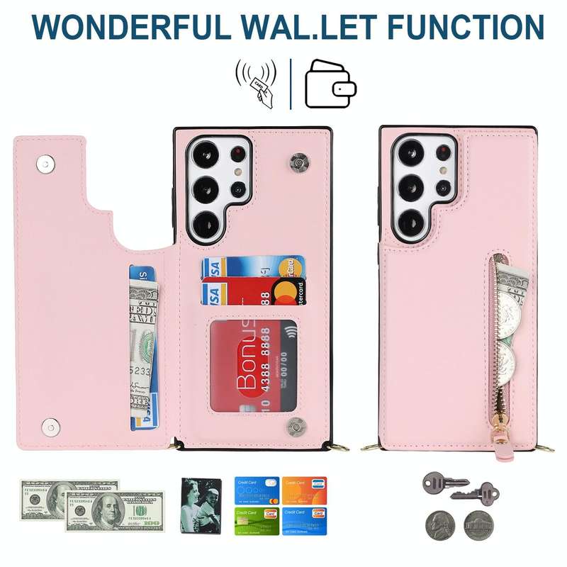For Samsung Galaxy S23 Ultra 5G Cross-body Zipper Square Phone Case(Pink)