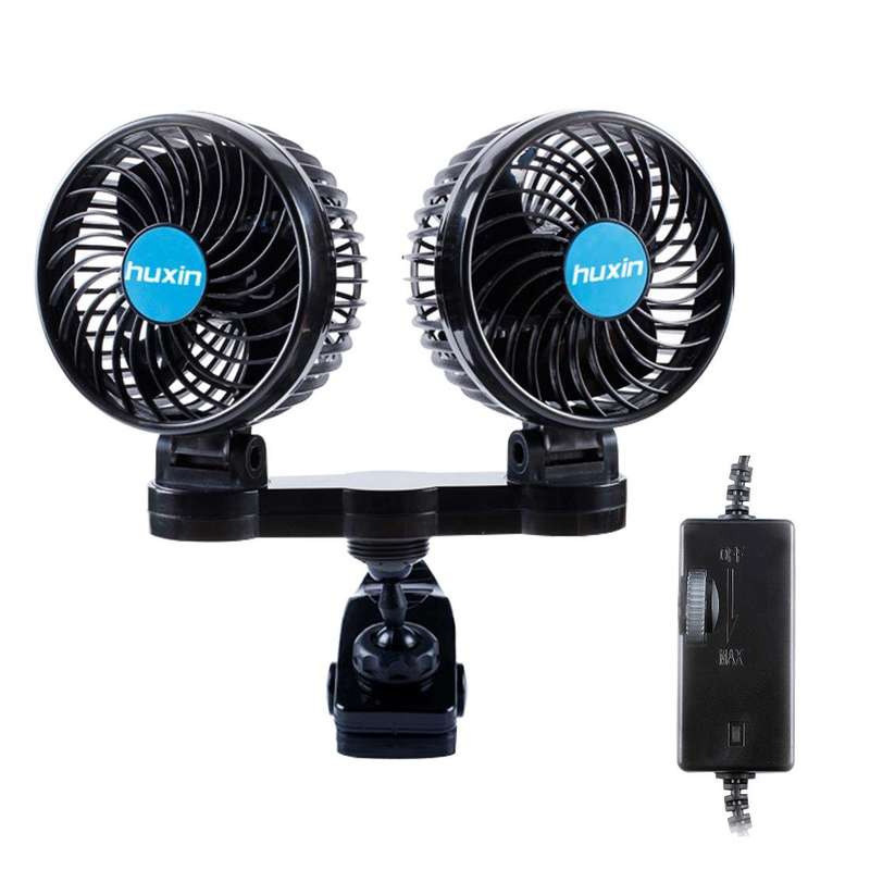 HUXIN HX-T605E 7W 360 Degree Adjustable Rotation Clip Two Head Low Noise Mini Electric Car Fan wi...