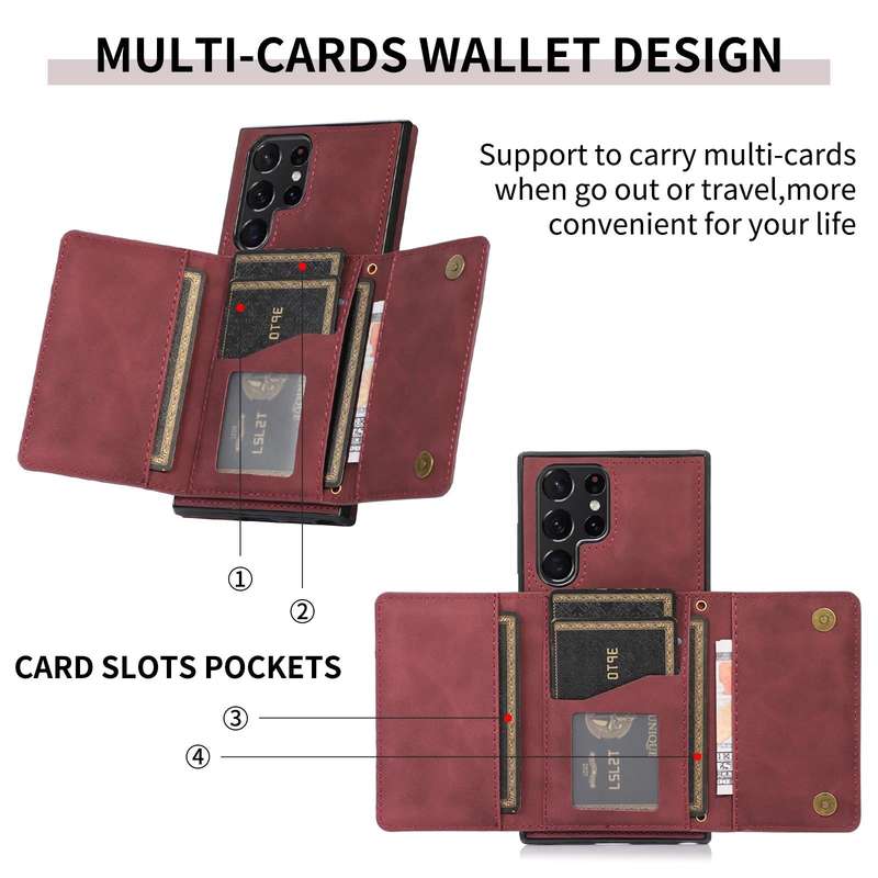For Samsung Galaxy S22 Ultra Three-fold Leather Phone Case with Card Slot & Wallet & Holder(Wine ...