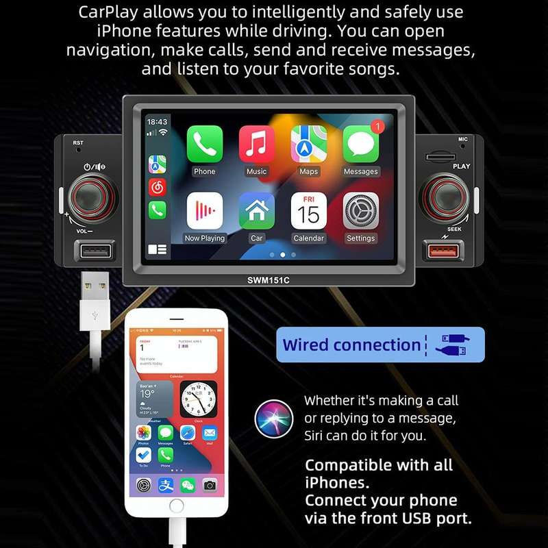 SWM151C 5 inch Portable Car MP5 Player Support CarPlay / Android Auto(Black)