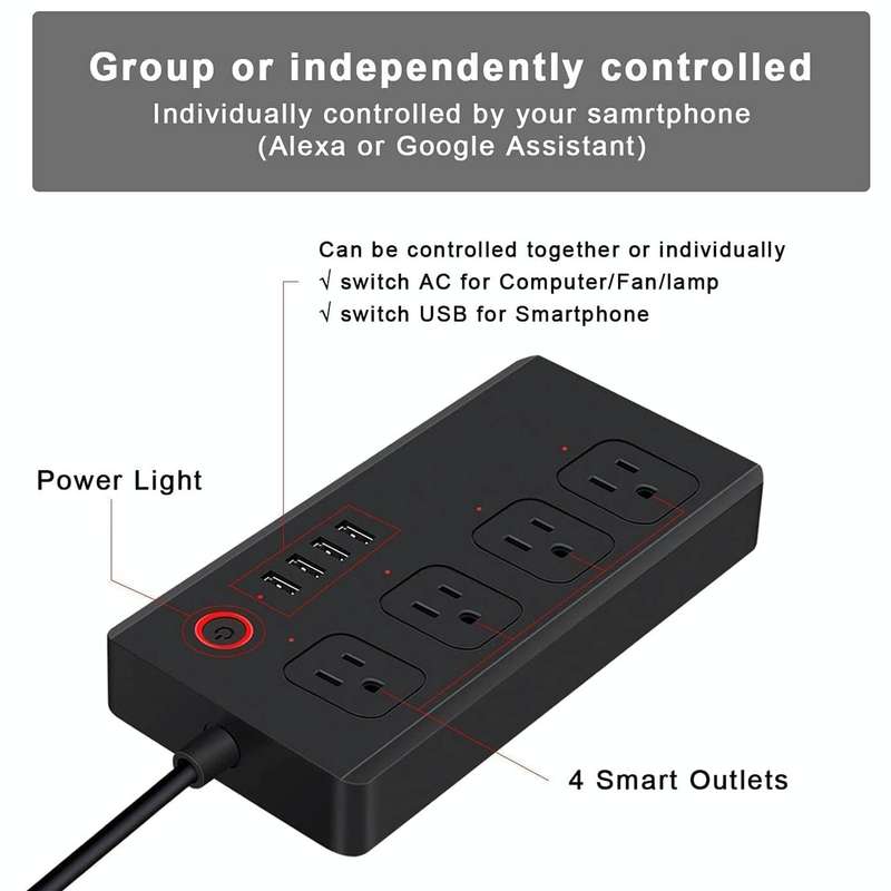 WiFi 10A SM-SO301-U 2500W 4 Holes + 4 USB Smart Power Strip, US Plug(Black)