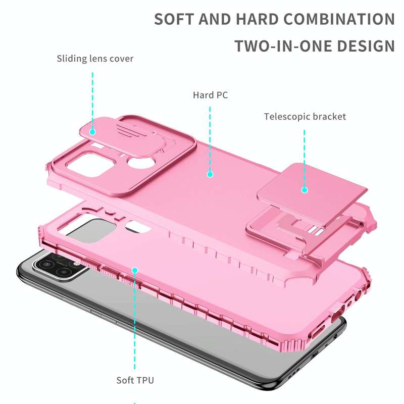 For OPPO A15 Stereoscopic Holder Sliding Camshield Phone Case(Pink)