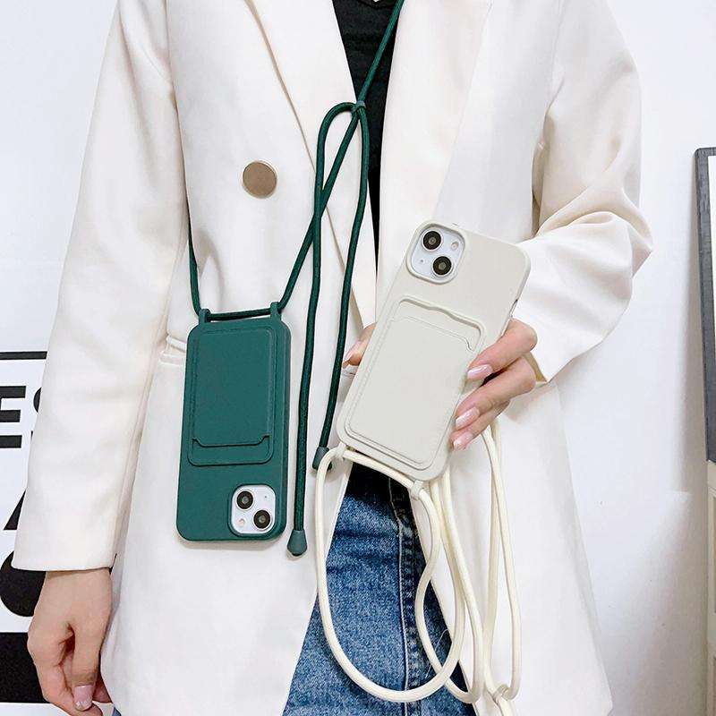 For iPhone 11 Crossbody Lanyard Elastic Silicone Card Holder Phone Case(White)