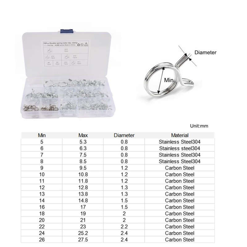 70 PCS Double Wire Spring Tube Clamp Water Pipe Clamps, Size: 6.0-18mm