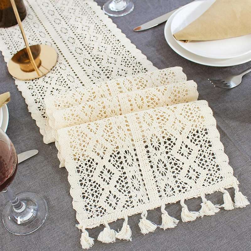 Tassel Lace Floral Romance Retro Crochet Hollow Cotton Blend Table Runner Covers, Size:24x180cm(Y...