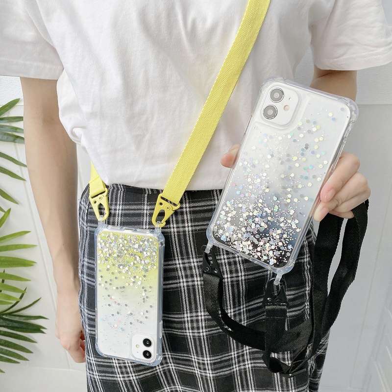 For iPhone 15 Gradient Glitter Epoxy TPU Thickened Acrylic Phone Case with Wide Lanyard(Purple)