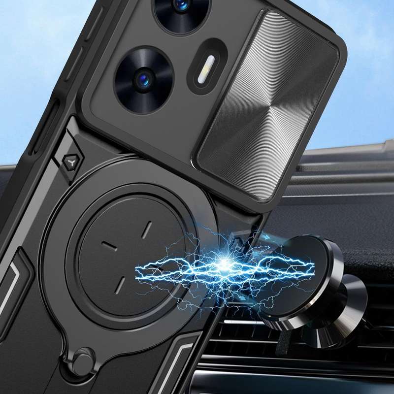 For Realme C55 4G CD Texture Sliding Camshield Magnetic Holder Phone Case(Black)