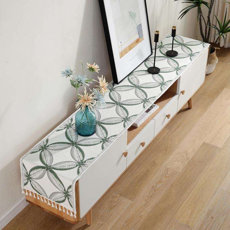 Home TV Cabinet Shoe Cabinet Chenille Polyester Tassel Tablecloth, Size: 35x220cm(Green Flower)