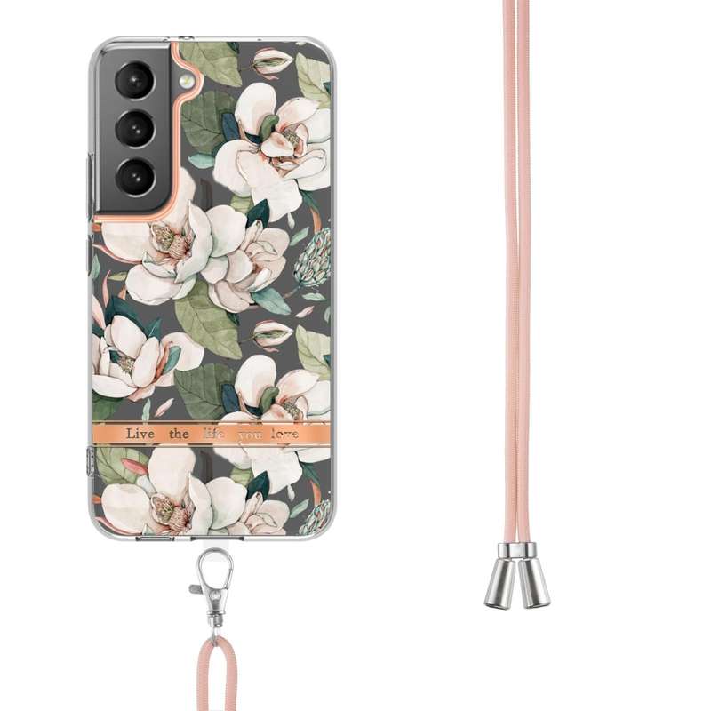 For Samsung Galaxy S23 5G Flowers and Plants Series IMD TPU Phone Case with Lanyard(Green Gardenia)