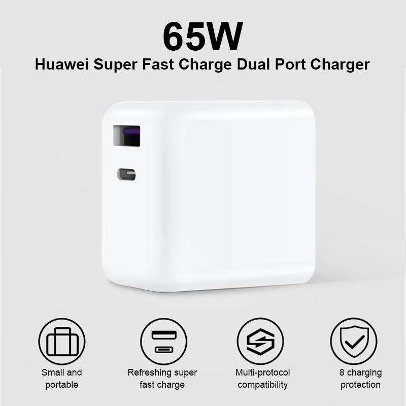 Original Huawei USB + USB-C / Type-C Interface Super Fast Charge GaN Dual Port Charger (Max 65W) ...