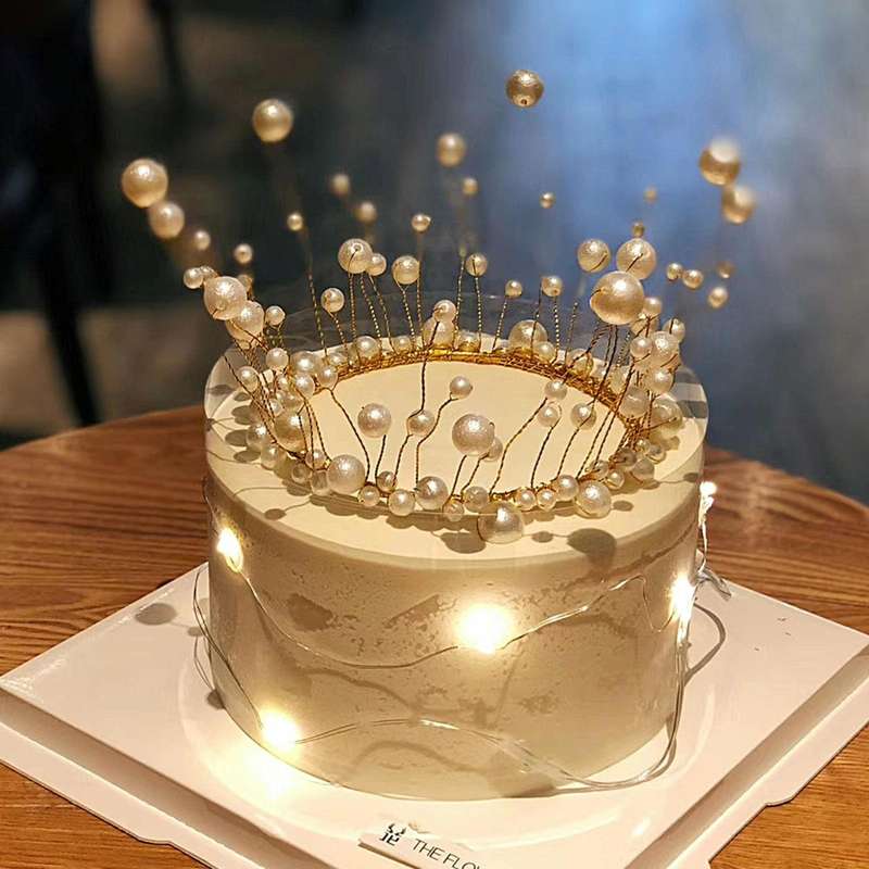 2 PCS Seaweed Tassel Pearl Crown Baking Cake Decoration(White)