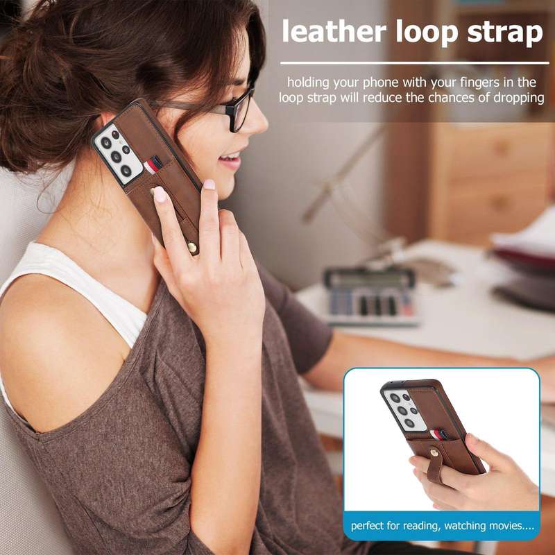 For Samsung Galaxy S22 Ultra 5G Wristband Kickstand Wallet Leather Phone Case(Brown)