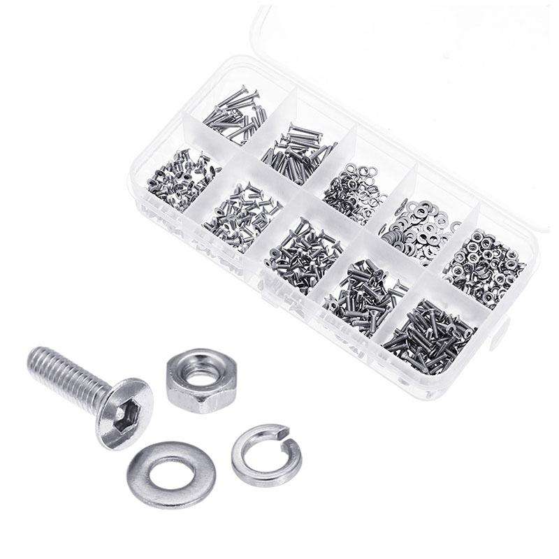 600 PCS M2 304 Stainless Steel Hex Socket Flat Head Screw Washer Nut Kit