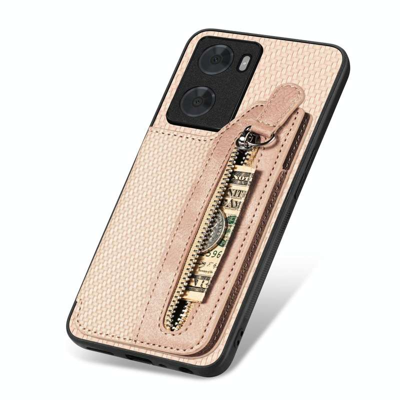 For OPPO A57 4G Carbon Fiber Flip Zipper Wallet Phone Case(Khaki)