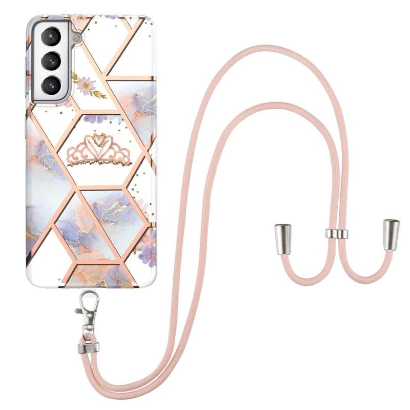 For Samsung Galaxy S21 FE 5G Electroplating Splicing Marble Flower Pattern TPU Shockproof Case wi...