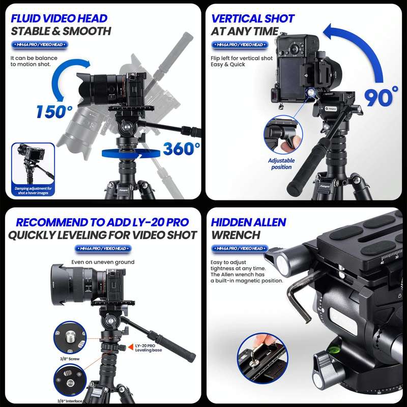Fotopro MH-6A Pro Aluminum Alloy Heavy Duty Video Camera Tripod Action Fluid Drag Head with Slidi...