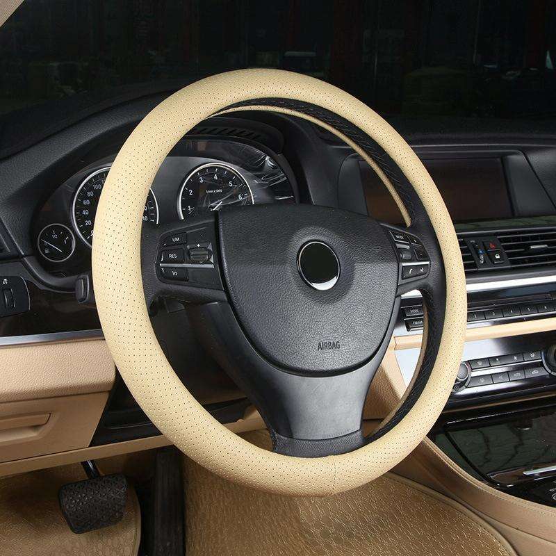 Leather Steering Wheel Cover With Needle and Thread, Size: 54x10.5cm (Beige)