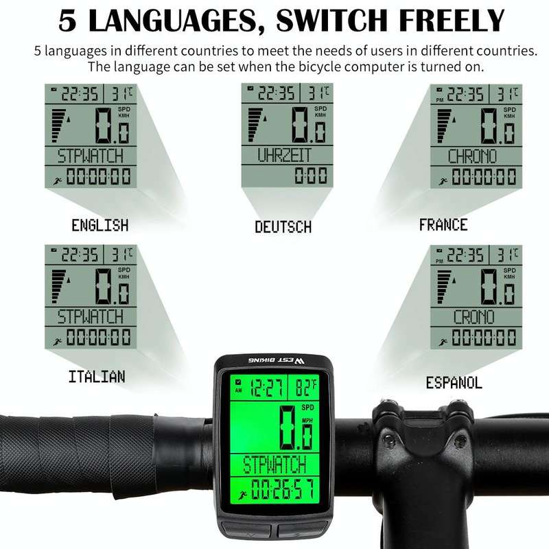 WEST BIKING 5 Languages Bicycle Waterproof Backlight Multifunction Wireless Odometer Speedometer(...