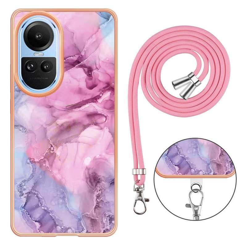 For OPPO Reno10 5G Global Electroplating Marble Dual-side IMD Phone Case with Lanyard(Pink 013)