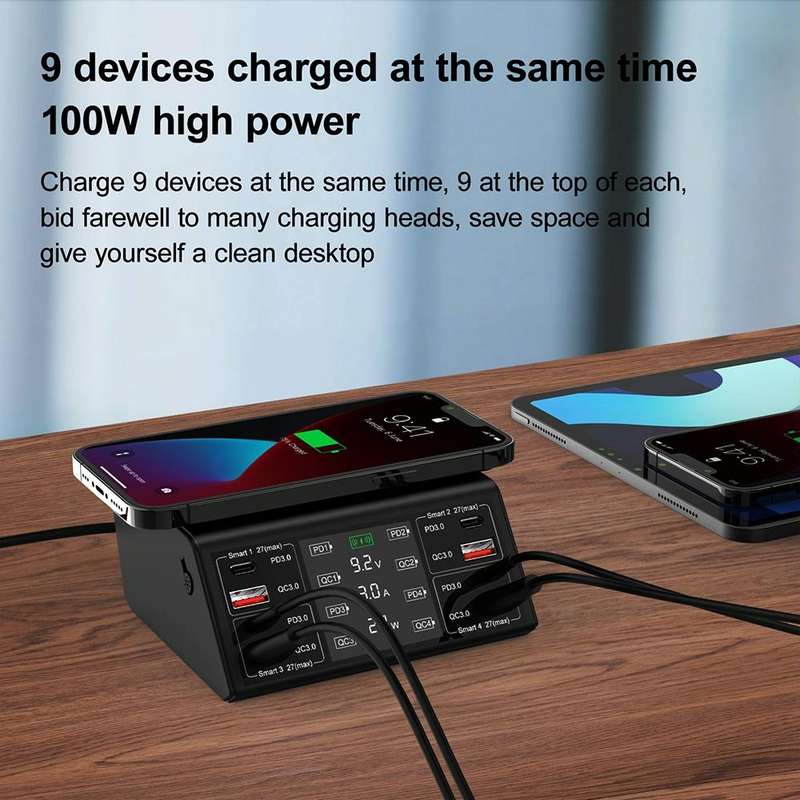 838w 9 in 1 100W 4 PD 3.0 USB-C / Type-C + 4 QC 3.0 USB Ports Smart Digital Display Wireless Char...