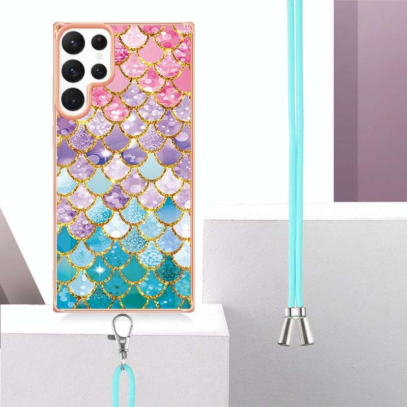 For Samsung Galaxy S22 Ultra 5G Electroplating IMD TPU Phone Case with Lanyard(Colorful Scales)