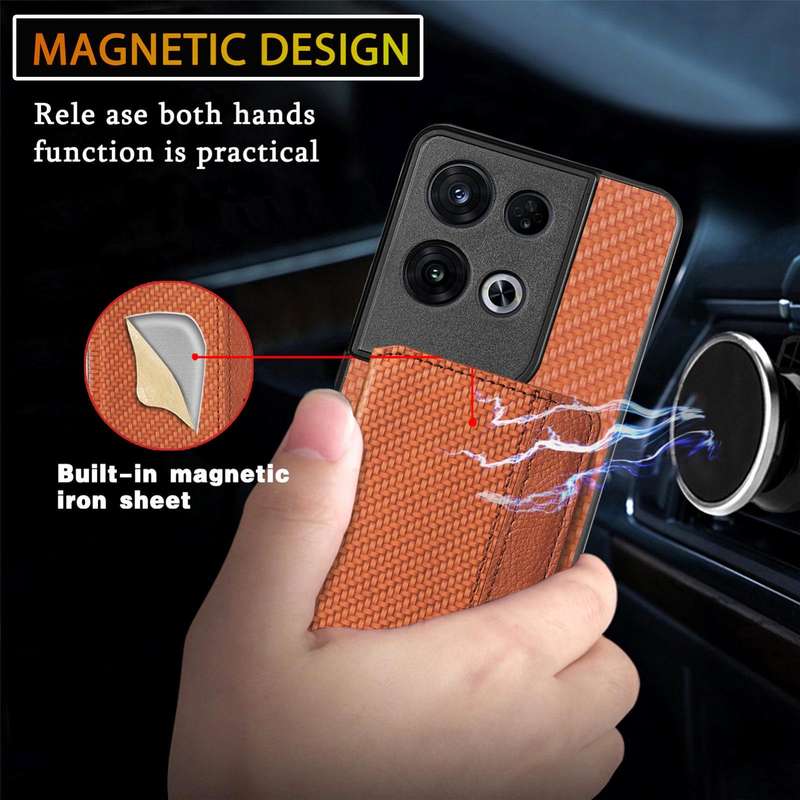 For OPPO Reno 8 Pro Carbon Fiber Magnetic Card Bag Phone Case(Khaki)